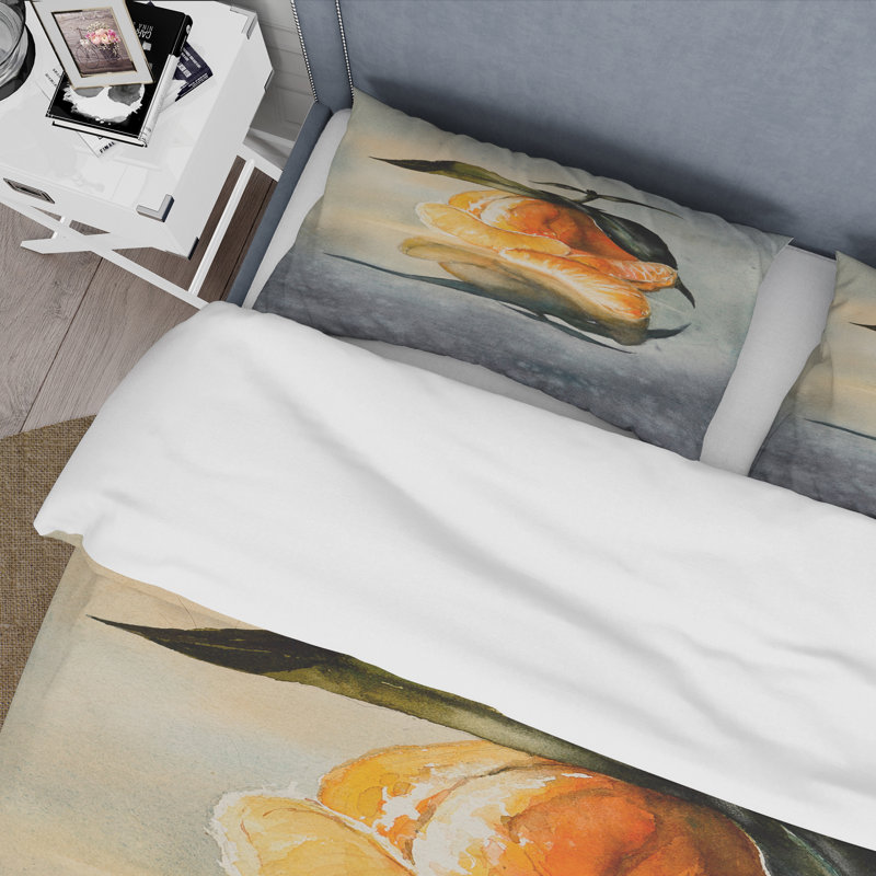 Ensemble de housse de couette en polyester à une mandarine orange frais avec feuilles vertes