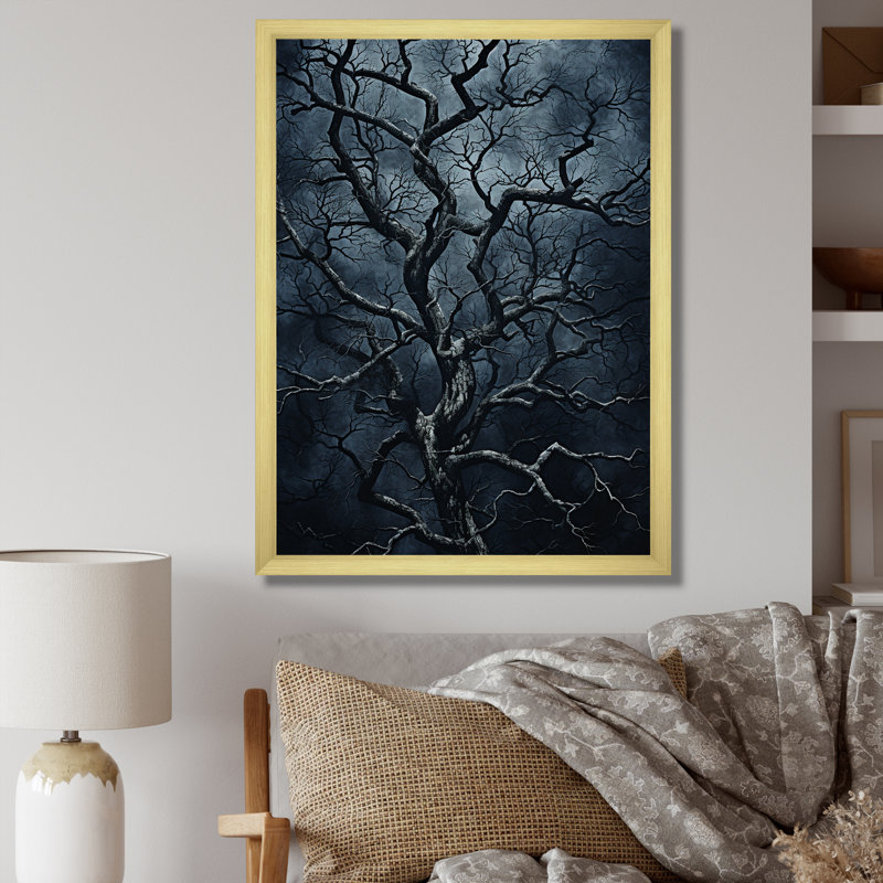 Arbre gothique gris la nuit I - arbre, art mural, H 32 po x l 16 po x P 1 po, Cadre doré simple