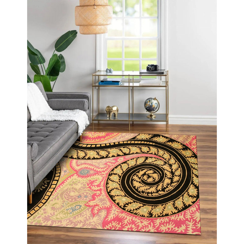 Opulent Nina Black Hand Tufted Wool Orange Transitional Floral Area Rug, Square 7'9"