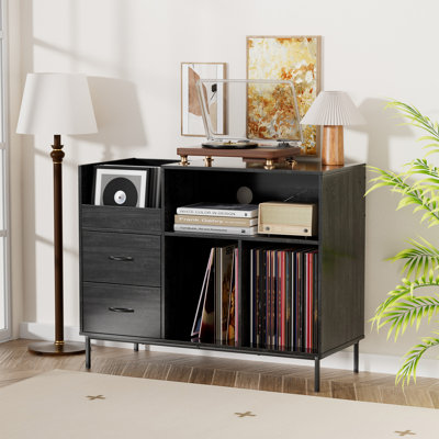 Space-Saving Record Player Stand, Vinyl Storage Cabinet with Flip Top & 2 Drawers, Holds 150 LPs, Black
