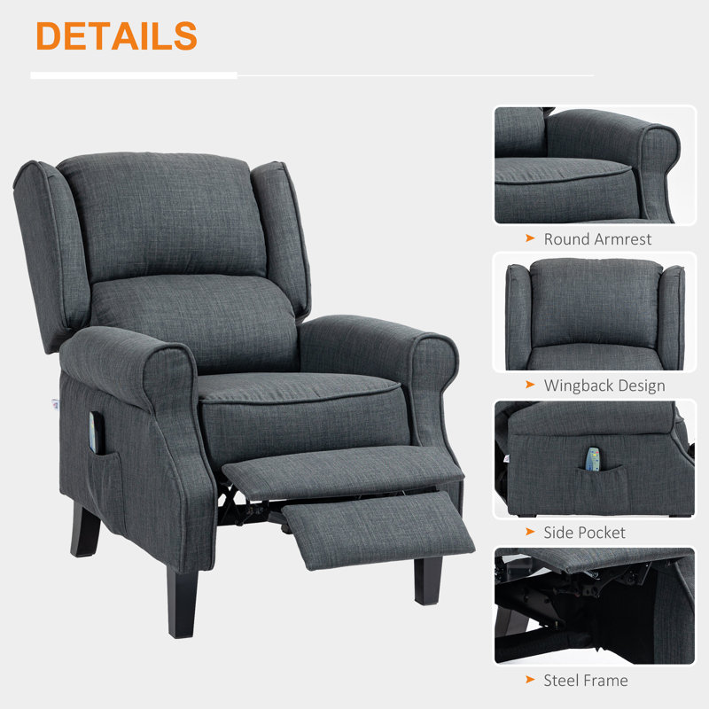Fauteuil inclinable de massage blanc vibrant pour le salon avec chaleur, repose-pieds et poche latérale, Lin gris