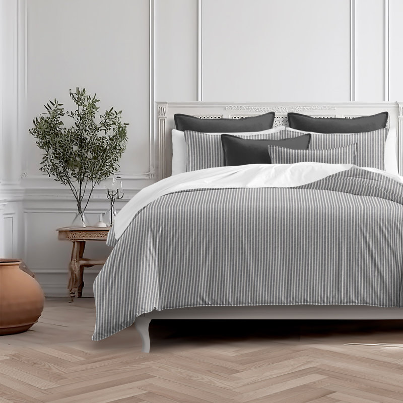 Walker Ticking Stripe Indigo/White Cotton Coverlet Set, Super Queen Coverlet / Bedspread + 2 Queen Shams, Iron/Ivory