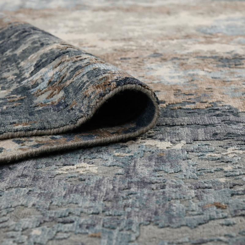 Blue Abstract Hand-Knotted Wool and Silk Rug, 2' x 3'