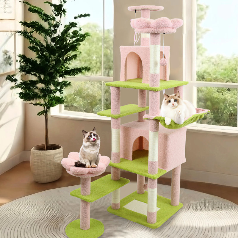 Arbre à chat de 72 pouces, grandes surfaces grattantes multiples, 4 arbres à fleurs roses et 5 chats avec coussin amovible et espace spacieux pour dormir 21 po x 12 po x 10 po