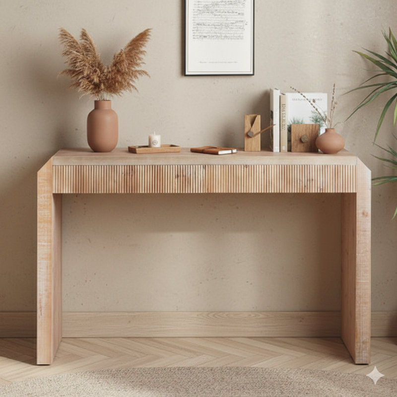 Console rustique en bois avec un tiroir, avec un design minimaliste, une texture nervurée et une finition naturelle.