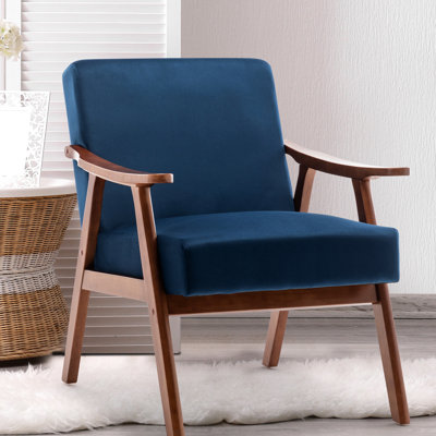 Chaise de style Mid-Century en velours bleu, structure en bois massif stable, pour chambre à coucher, salon, espace de lecture, fabrication de pièce moderne à assemblage simple, velours épais, surface, gadget