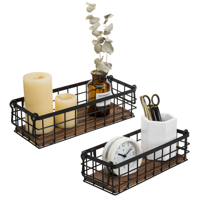 Rustic Black Metal Wire and Burnt Wood Rectangular Storage Baskets, Set of 2