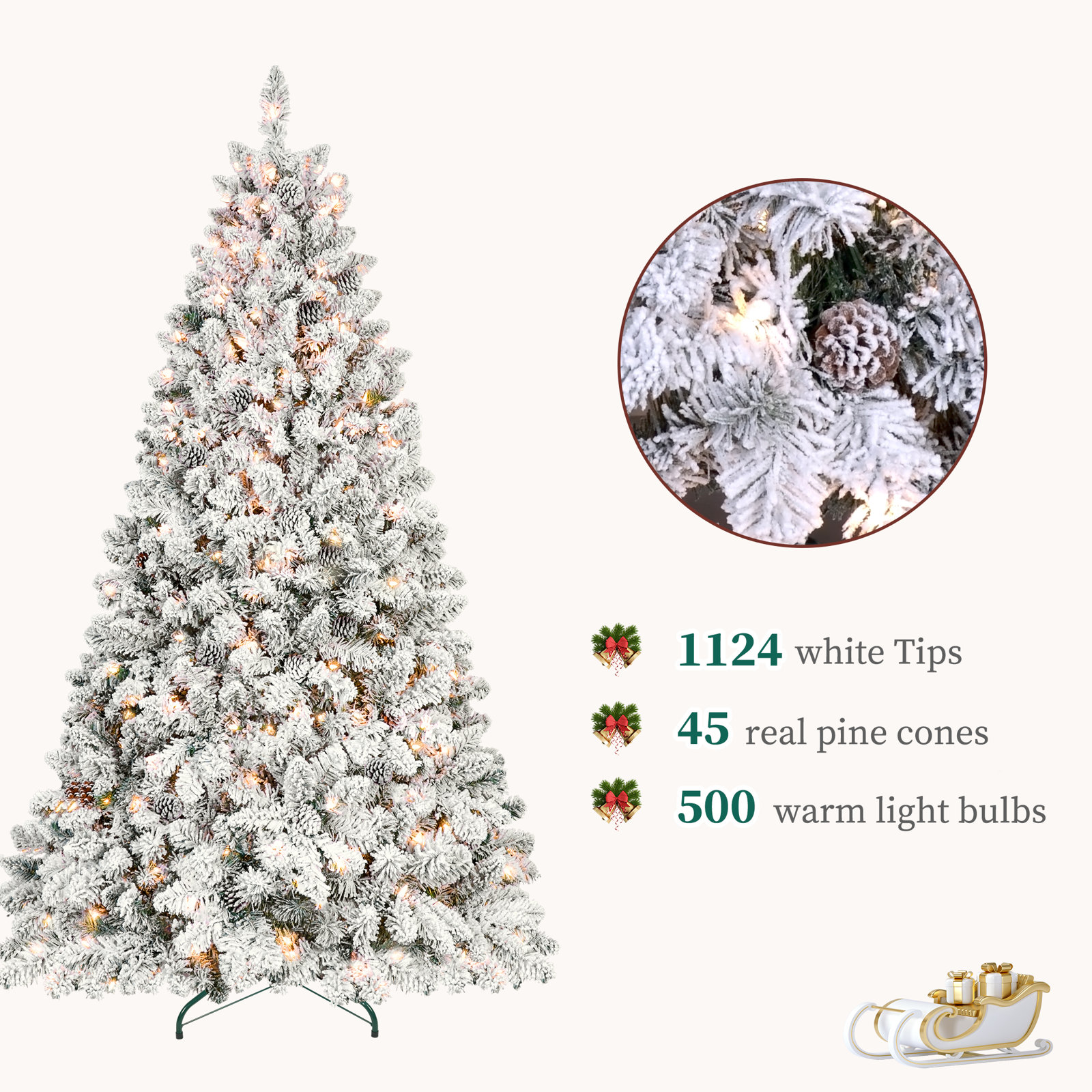 Pre-Lit Snow Flocked Christmas Tree with Pinecone, 8'