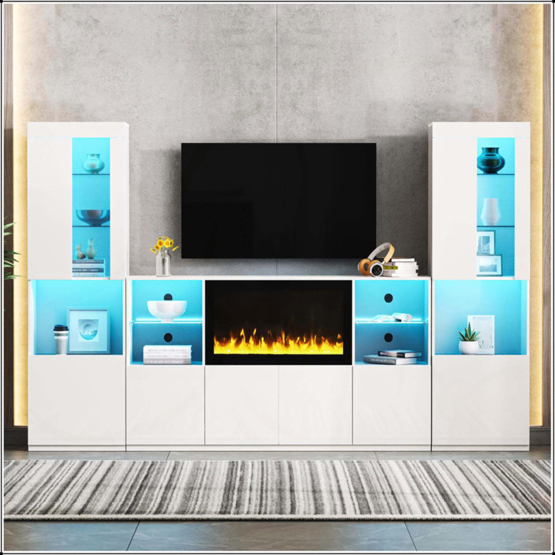 Meuble télé avec foyer électrique non chauffant, Blanc