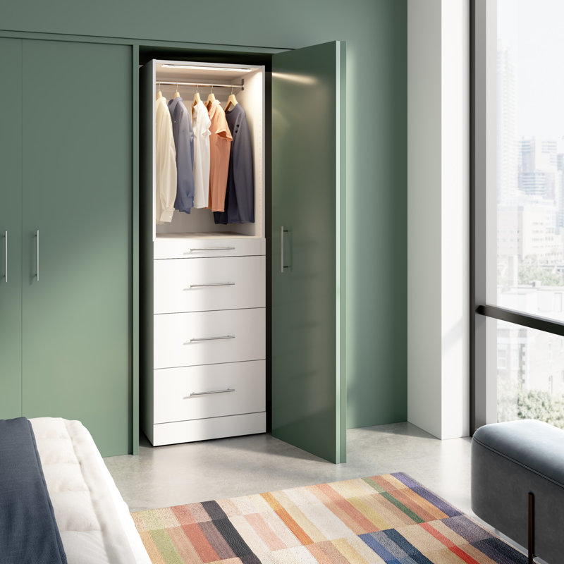 Bestar Florence 25D Modular Reach-In Or Walk-In Closet System Tower With LED Light, Shelves And 4 Drawers, Slab Style