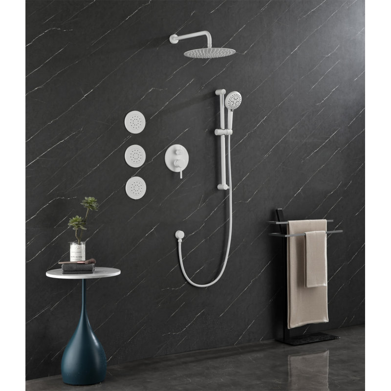 Shower System With Shower Head, Hand Shower, Slide Bar, Bodysprays, Shower Arm, Hose, Valve Trim, And Lever Handles
