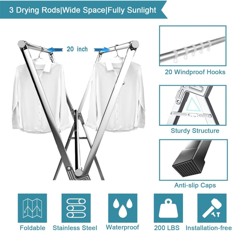 Séchoir à linge robuste en acier inoxydable - 79 pouces, 20 crochets