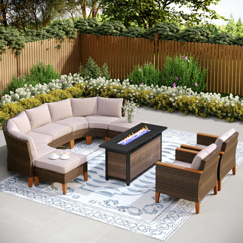 Argyri Wicker Outdoor Patio Conversation Furniture Sectional Set with Fire Pit Table, Beige, Yes