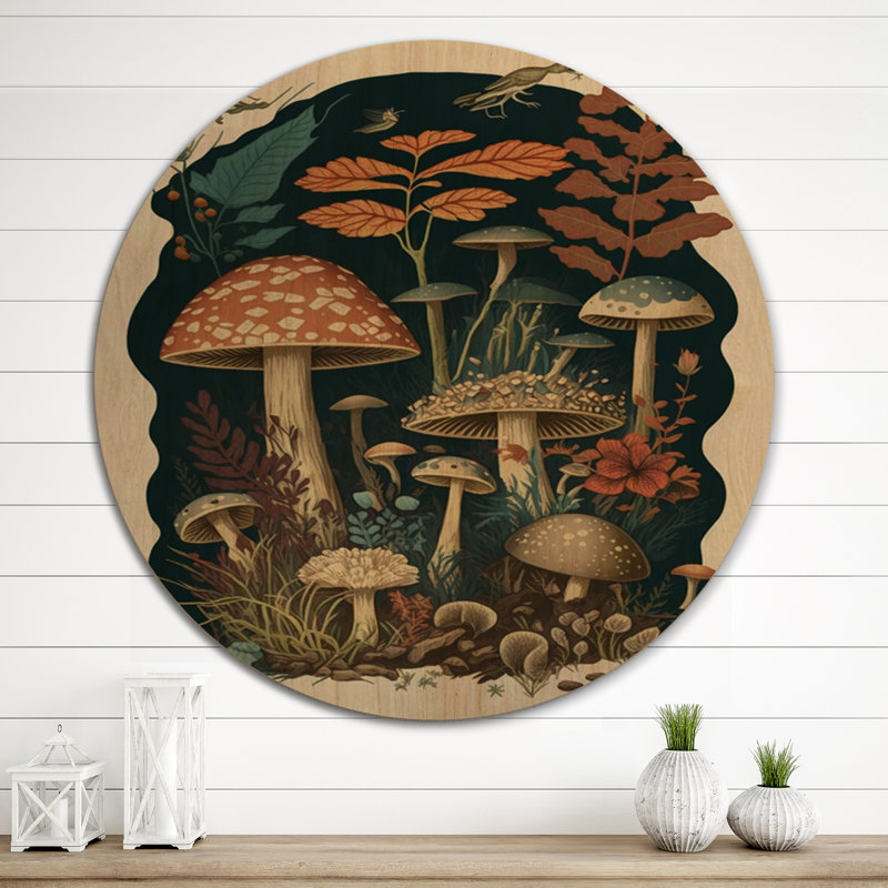Champignons rétro Amanita Muscaria II - paysage forêt, art mural - bois de pin naturel, H 23 po x l 23 po x P 1 po