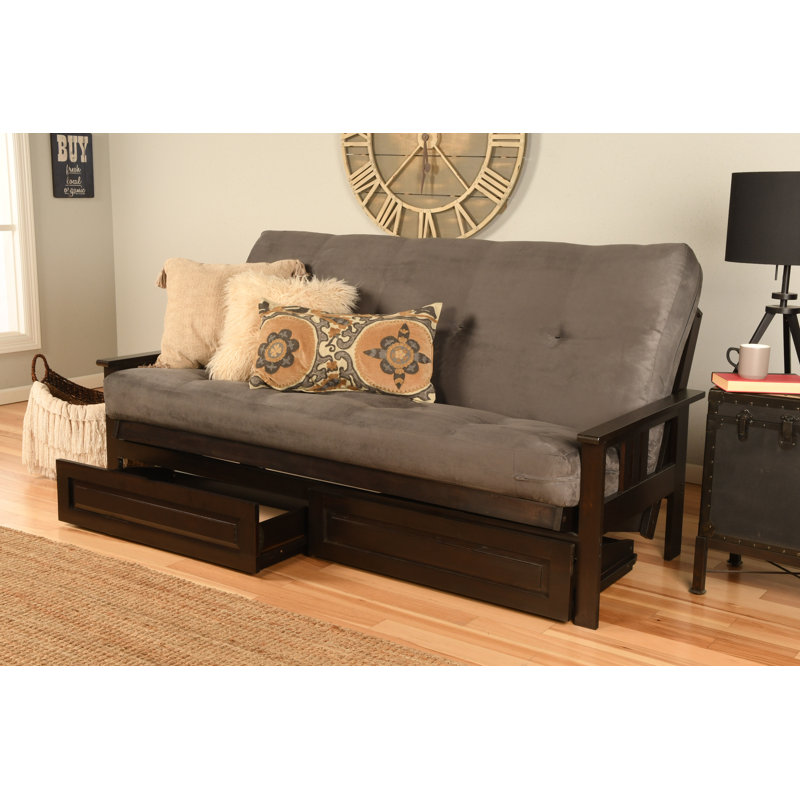 Stratford Full-Size Futon Frame Includes Storage Drawers and Mattress, Innerspring, Suede Gray, Espresso