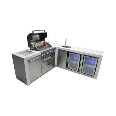 Mont Alpi Premium 82"W x 88"D Deluxe Stainless Steel Modular L-shaped Outdoor Kitchen Island with 2 Refrigerators + Beverage Centre Faucet & Sink + 32"W 4-Burner BBQ Grill + Storage Cabinets & Drawers
