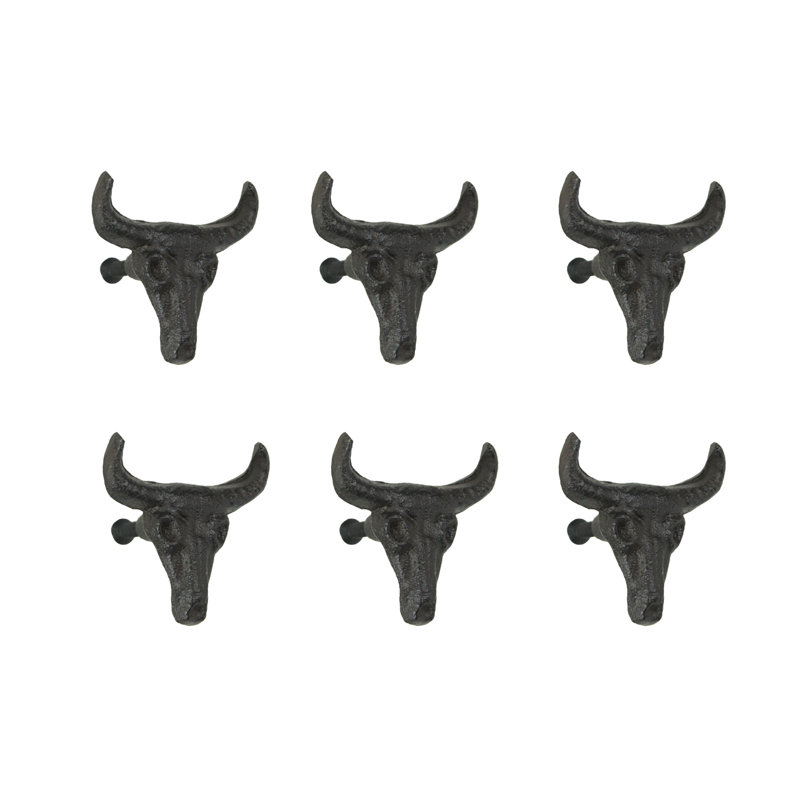 Rustic Brown Cast Iron Steer Skull Drawer Pulls Set of 6