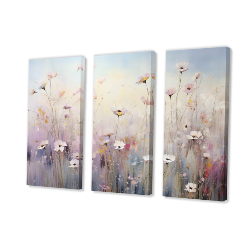 «White Wildflowers Whispering Breeze II» sur toile, 3 pièces, H 28 po x l 36 po x P 1 po
