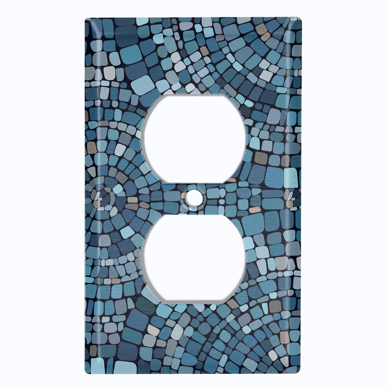 Metal Light Switch Plate Cover; US Standard Size 2 Gang Toggle - Printed Image of Blue Tile Pattern, #8 Single Duplex Outlet