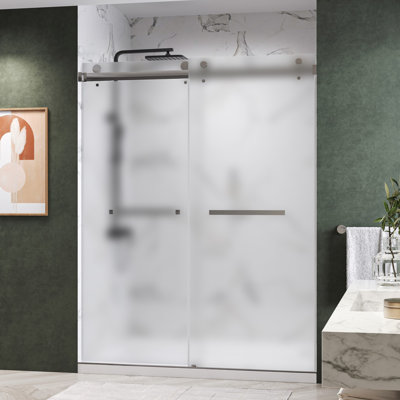 Catalyst Frameless Double Sliding Shower Door With Acid Etched Glass
