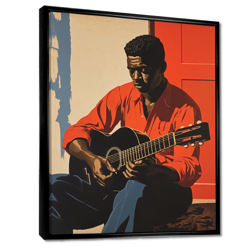 Jazz, joueur de guitare rétro - musicien mural, salon, Toile avec cadre flottant noir, H 20 po x l 12 po x P 1 po
