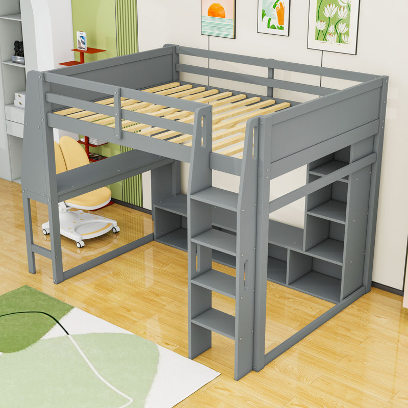 Lit mezzanine en bois avec bureau, tablettes, éclairage DEL et portemanteau suspendu, Complète