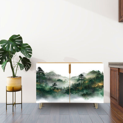 Sideboard Buffet Cabinet with Storage Cinematic Watercolor Pine Forest Foggy Mountains Dawn Poster with 2 Doors for Living Room and Kitchen