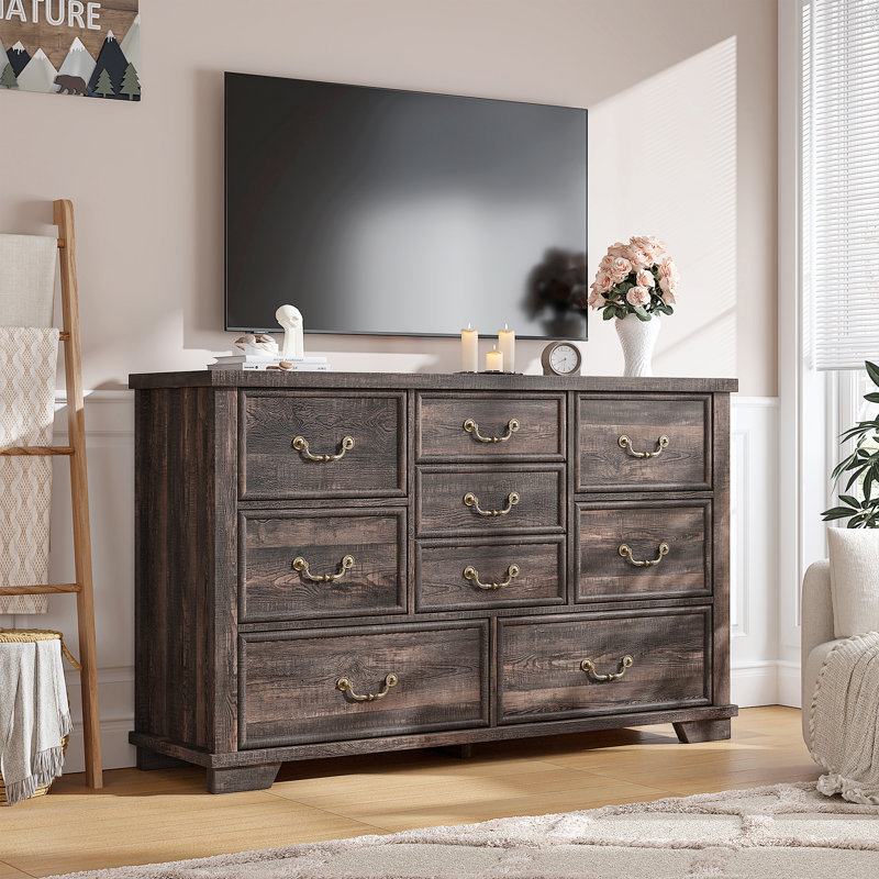Dark Rustic Oak 9-Drawer Antique Wood Dresser with Metal Handles