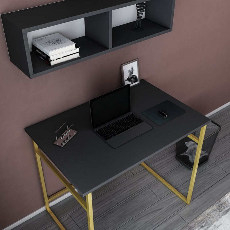 Hussum 90cm W Rectangular Computer Desk, Anthracite/Gold