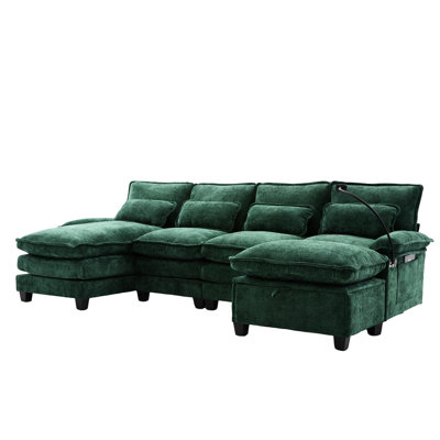 U Shape Sectional In Color, 106" 4 Seat Chenille - Shaped Sleeper, Soft Fabric, Frame, Charging, Side Storage Bags For Living Room, Sleeper With , Breathable Chenille, Wood & Type C Charging Ports,