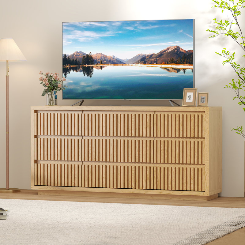 9-Drawer Fluted Dresser, 58'' W Wood Storage Closet Dressers Chest Of Drawers, Natural