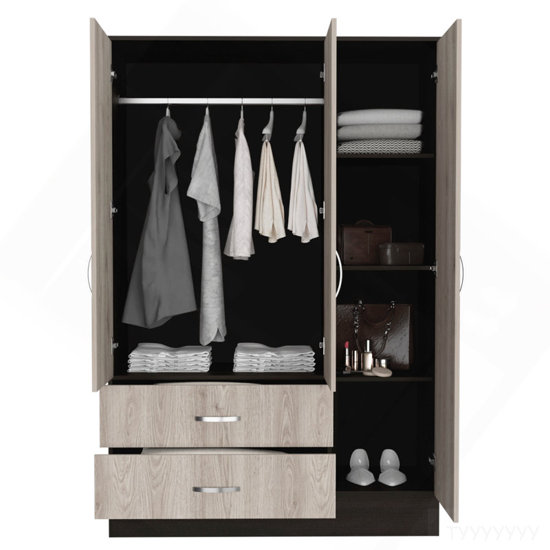 Armoire à miroir Bolton 120, quincaillerie en métal, armoire à deux portes, deux tiroirs, porte simple avec miroir, tringles - multicolore