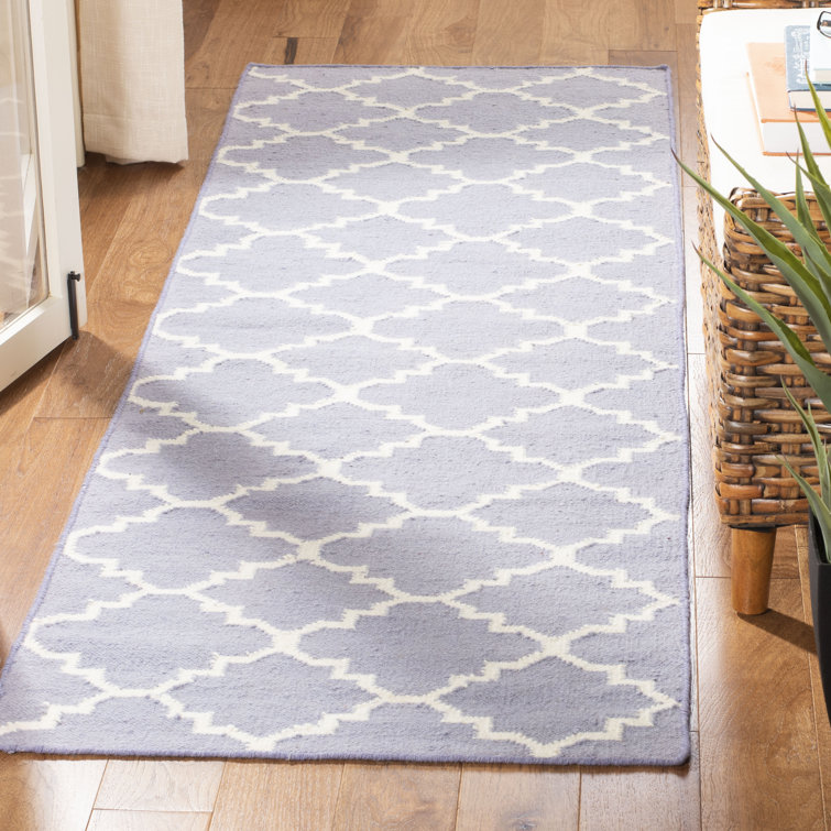 Milltown Hand Woven Flat Weave Wool/Cotton Geometric Rug in Ivory/Purple