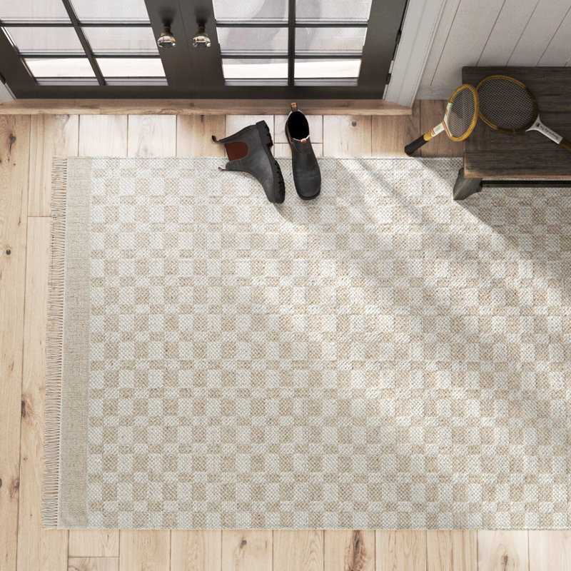 Lavande Checkered Wool Area Rug in Tan/Ivory, Rectangle 6' x 9'