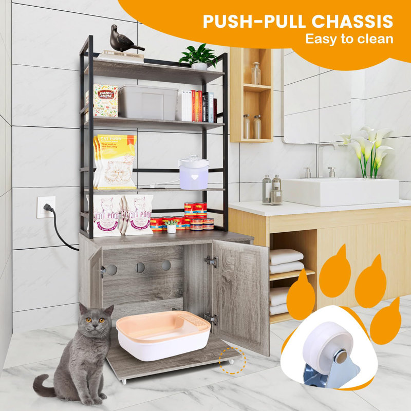 Large Gray Cat Litter Box Enclosure with Shelves and Charging Station