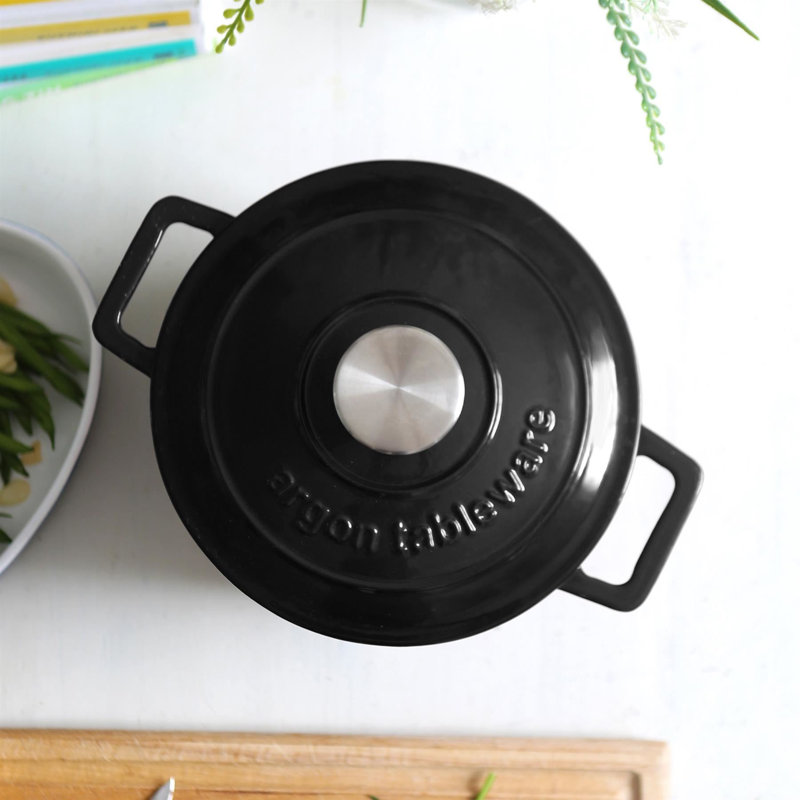 Argon Tableware - 2pc Round Cast Iron Casserole Dish Set - 2.8L / 4.5L, Black