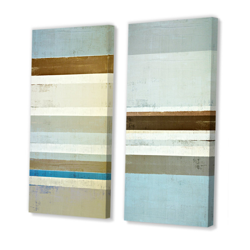 «Teal Meets Beige Abstract Stripes II», ensemble de 2 impressions sur toile, H 20 po x l 24 po x P 1 po, Toile tendue