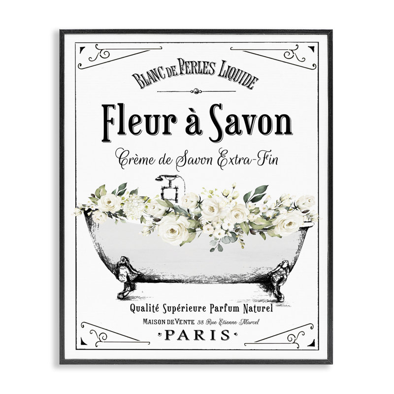 Giclée sur fond de baignoire blanche à motif floral blanc, design avec lettres et doublure, H 14 po x l 11 po