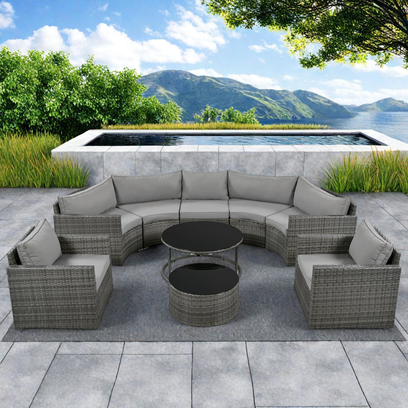 9-piece Outdoor Half-moon Wicker Conversation Sets With 1 Nesting Coffee Table And Tempered Glass Top