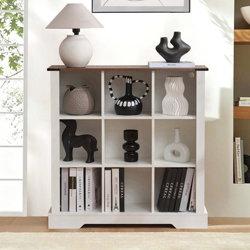 9-Cube LED Bookshelf - Mid-Century Modern Wood Storage Shelf for Bedroom, Living Room & Office, White