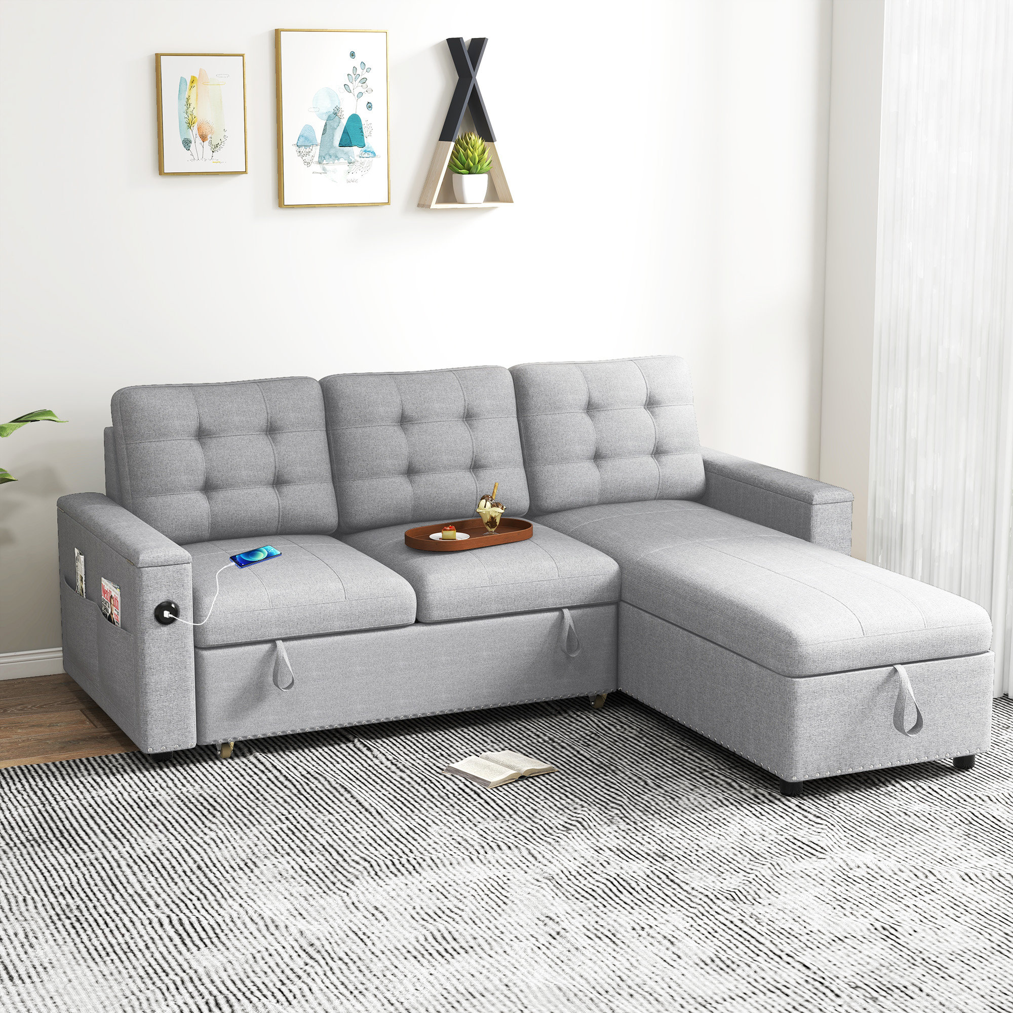 Ebern Designs L Shaped Sleeper Sofa Bed Couch Convertible With USB And ...