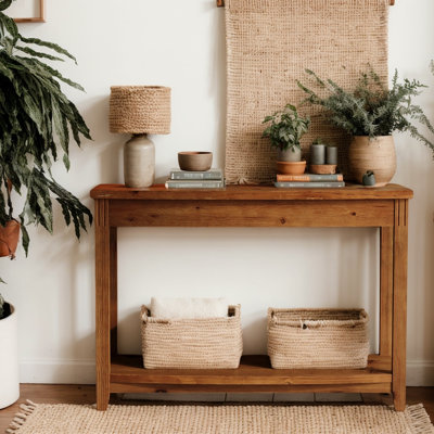 Console de 41,3 po en bois massif avec tablettes et canapé de vestibule étroit