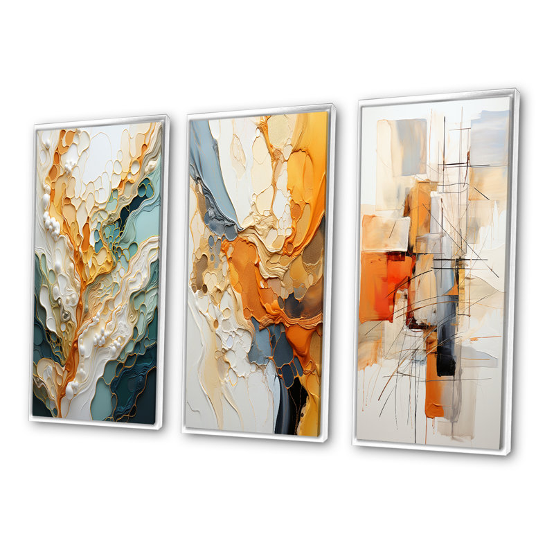 Orange White Line Art Abstraction on Canvas, White Floater Framed, 28" H x 36" W