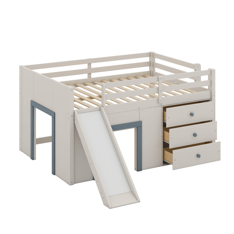 Lit mezzanine double pleine grandeur avec glissière, trois tiroirs de rangement et deux portes