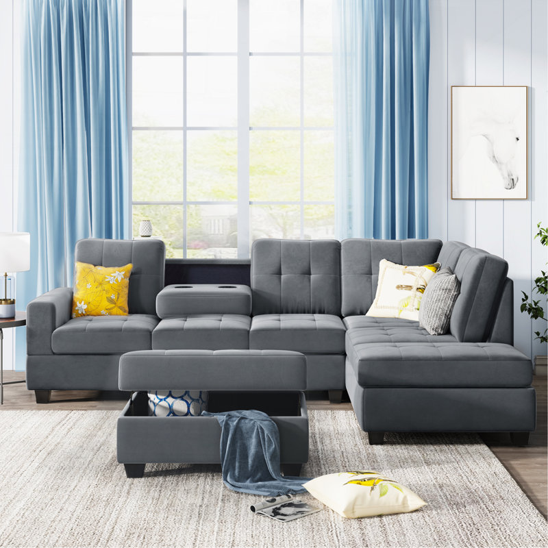 Sectional Sofa With Reversible Chaise Lounge, Gray Velvet