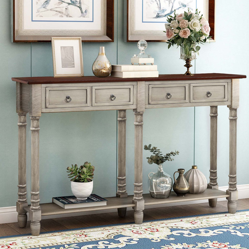Table console Ikard avec tiroirs et longue tablette rectangulaire, Plateau brun / structure gris antique
