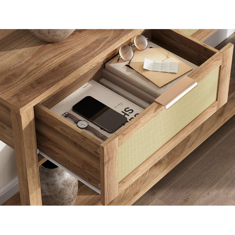 Console Table With 2 Rattan Drawers And Open Storage Shelf, Brown