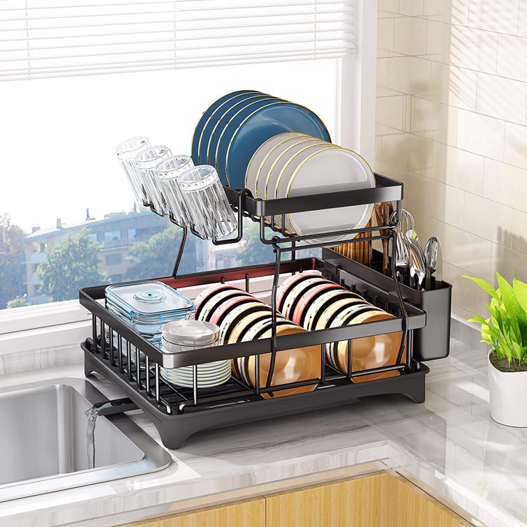 SAYZH Dish Drying Rack, Expandable Dish Racks for Kitchen Counter, Small Kitchen Drying Rack with Removable Cutlery Holder, Black