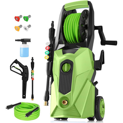 Electric Pressure Washer 5000PSI,2.8 GPM Power Washer with Foam Cannon,Portable Cleaner with 33ft Hose Reel,4 Nozzle Tips,and Soap Bottle for Cars/Home/Driveways/Patios/Decks/Fences,Green