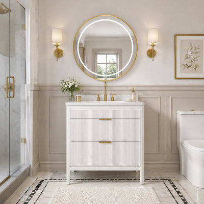 Ensemble de meuble-lavabo autoportant blanc 36 po avec 2 ensembles de poignées et un plateau en marbre d'ingénierie entièrement assemblé